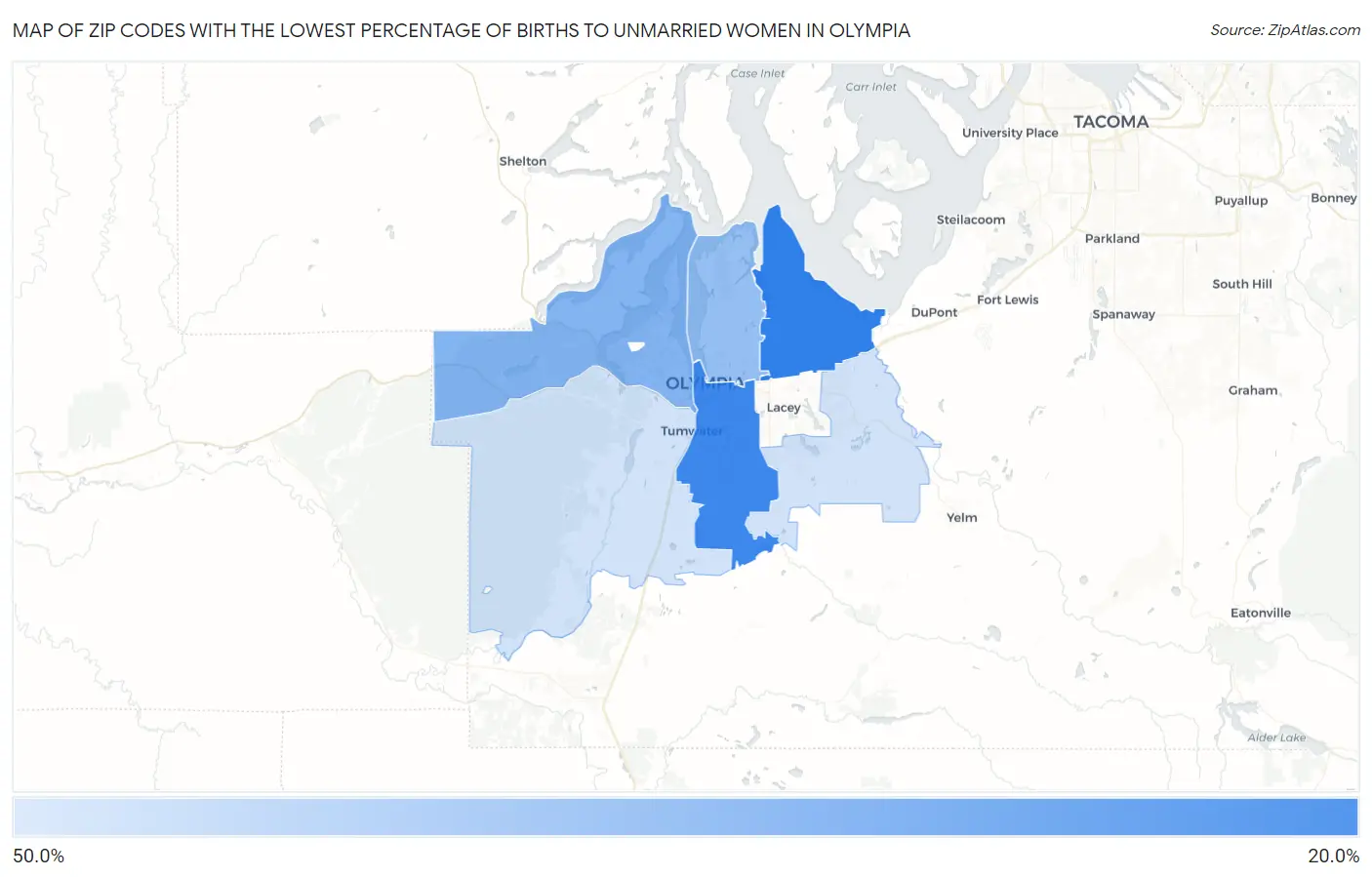 Zip Codes with the Lowest Percentage of Births to Unmarried Women in Olympia Map