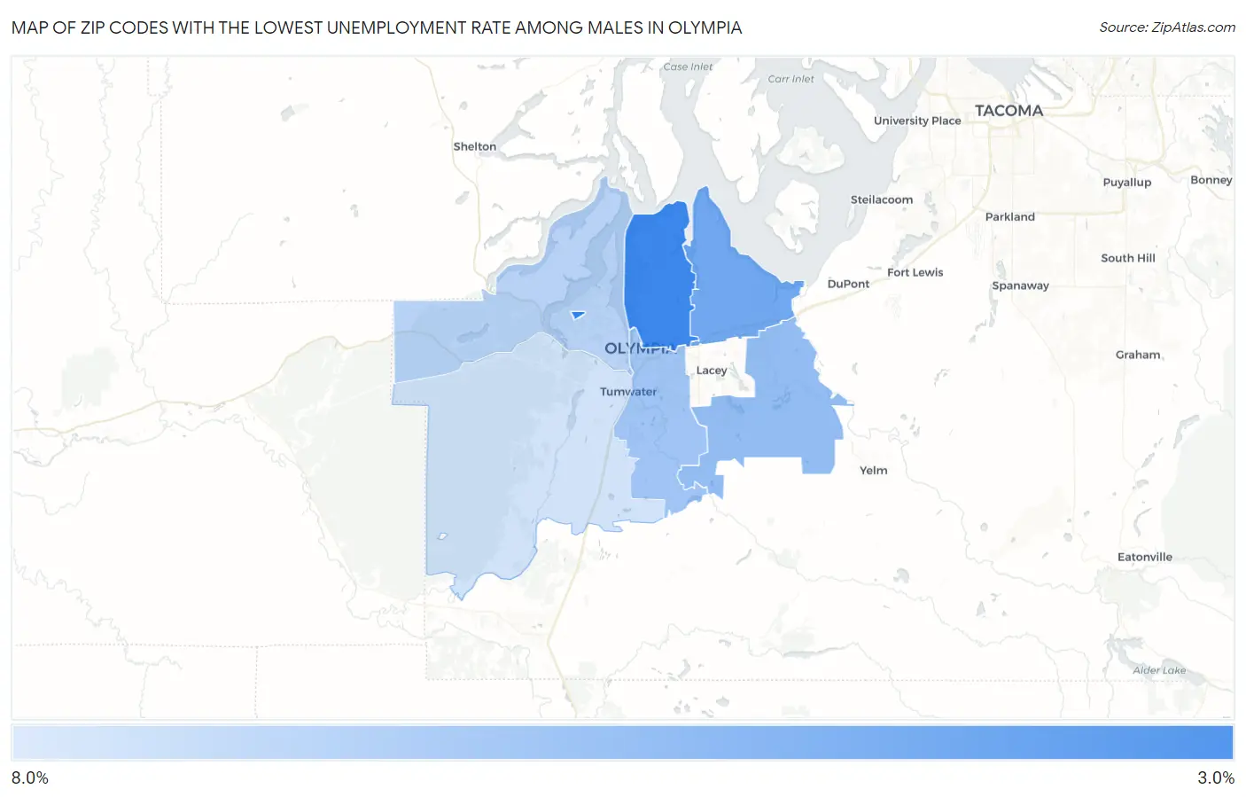 Zip Codes with the Lowest Unemployment Rate Among Males in Olympia Map
