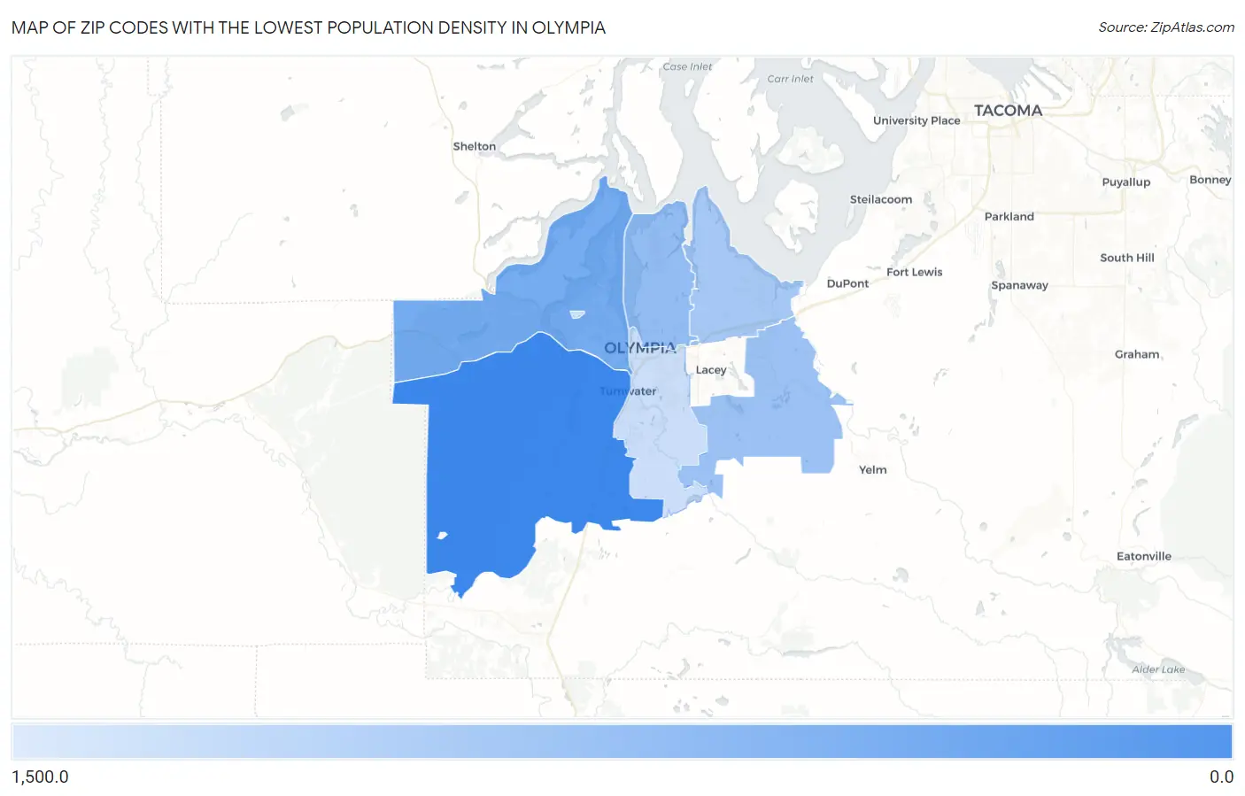 Zip Codes with the Lowest Population Density in Olympia Map