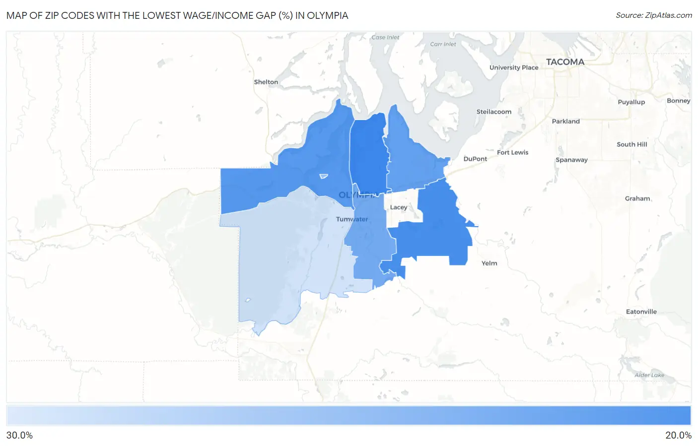 Zip Codes with the Lowest Wage/Income Gap (%) in Olympia Map