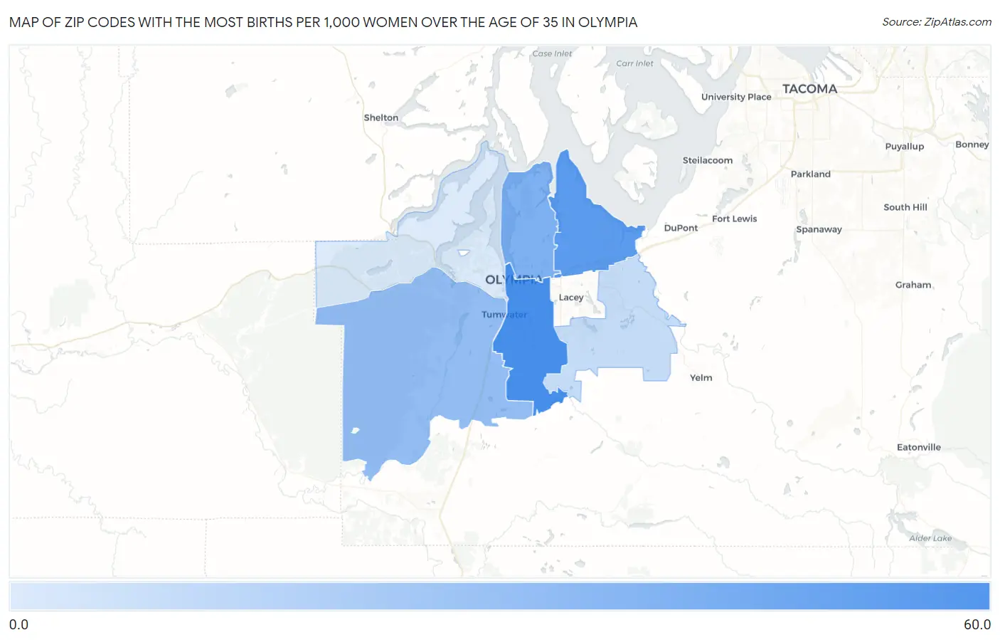 Zip Codes with the Most Births per 1,000 Women Over the Age of 35 in Olympia Map