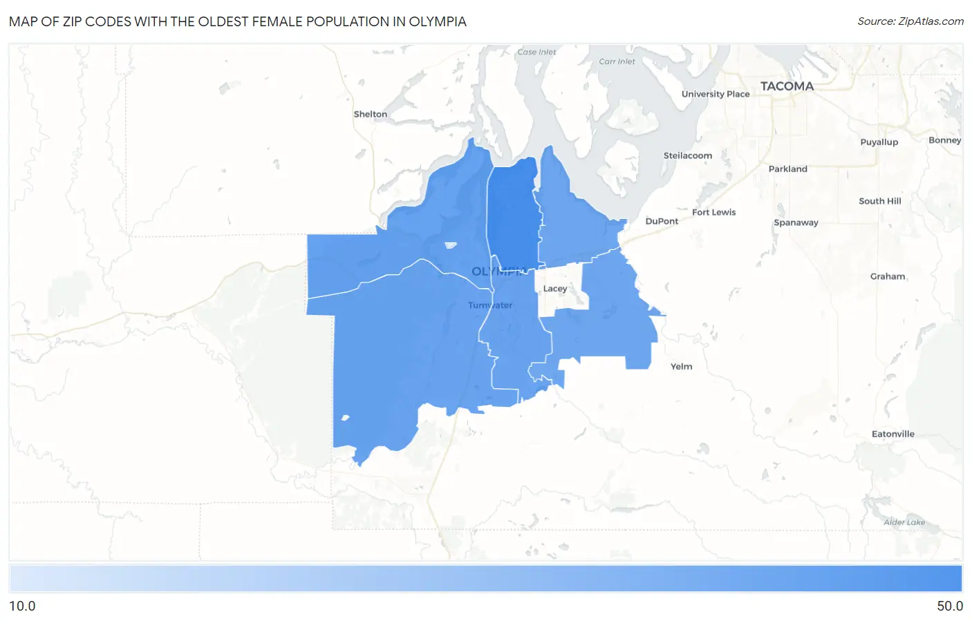 Zip Codes with the Oldest Female Population in Olympia Map