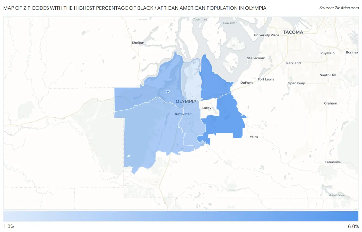 Zip Codes with the Highest Percentage of Black / African American Population in Olympia Map