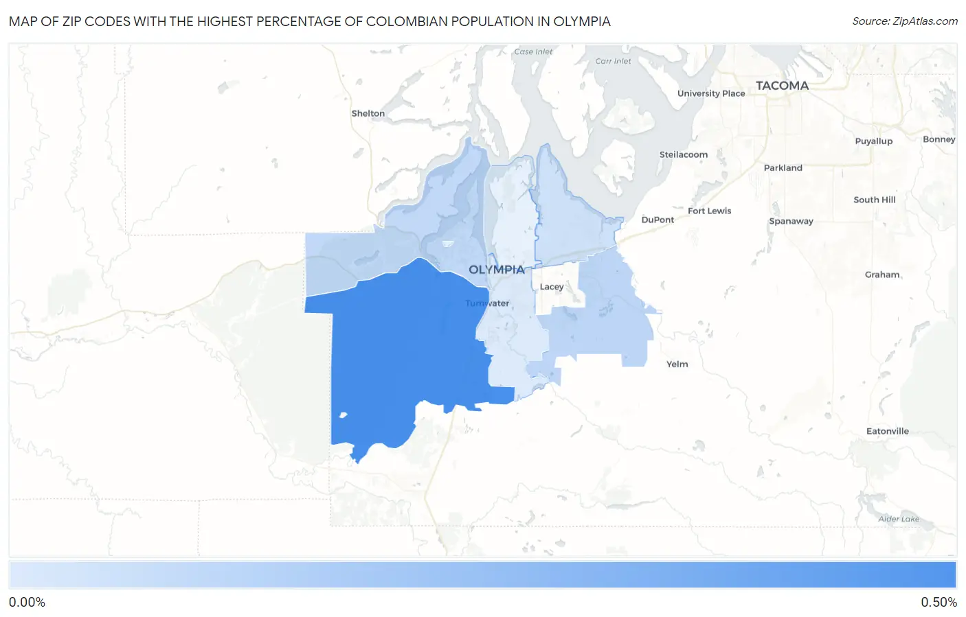 Zip Codes with the Highest Percentage of Colombian Population in Olympia Map