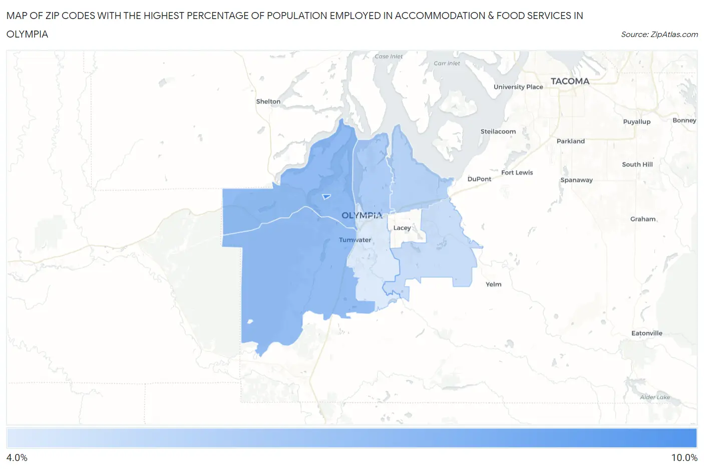 Zip Codes with the Highest Percentage of Population Employed in Accommodation & Food Services in Olympia Map