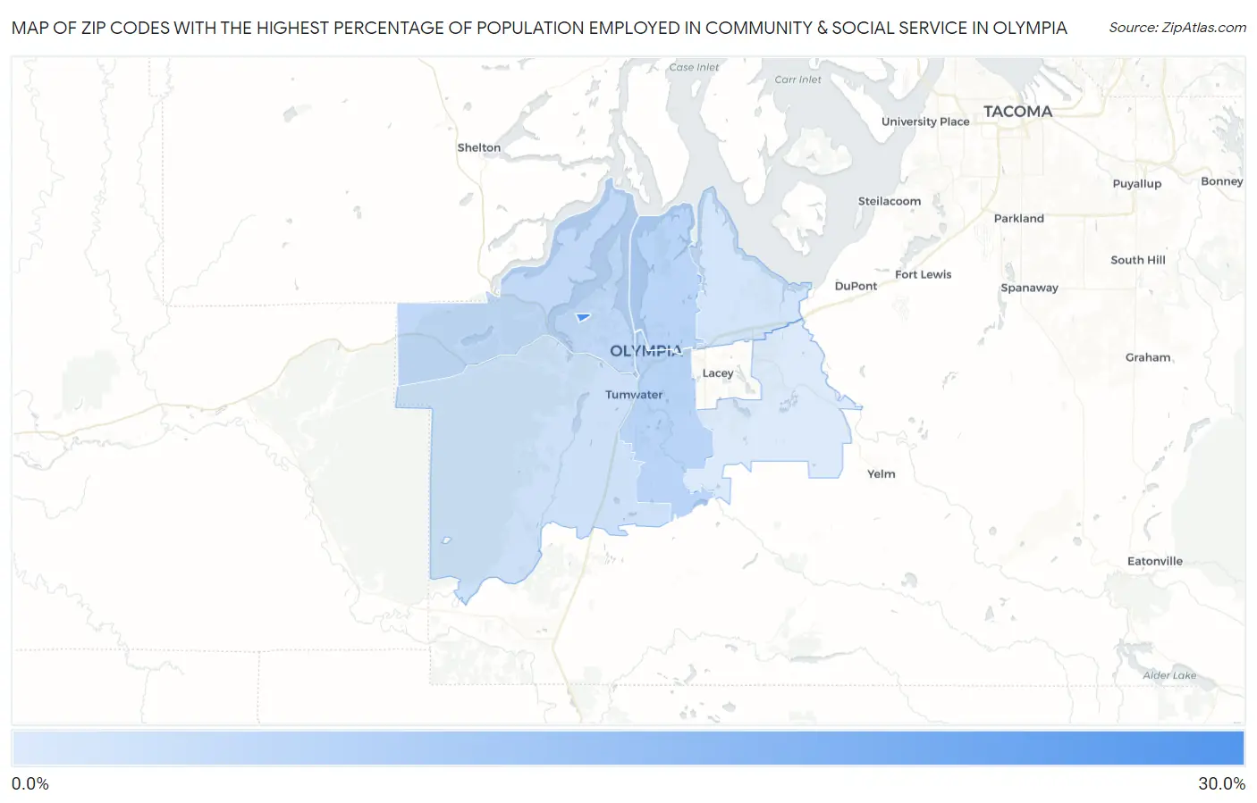 Zip Codes with the Highest Percentage of Population Employed in Community & Social Service  in Olympia Map