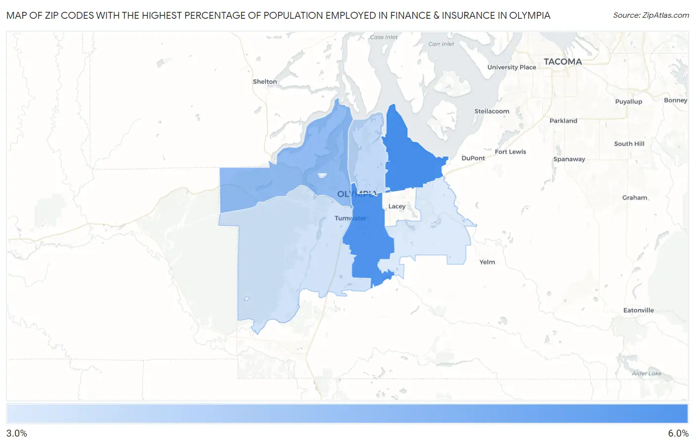 Zip Codes with the Highest Percentage of Population Employed in Finance & Insurance in Olympia Map