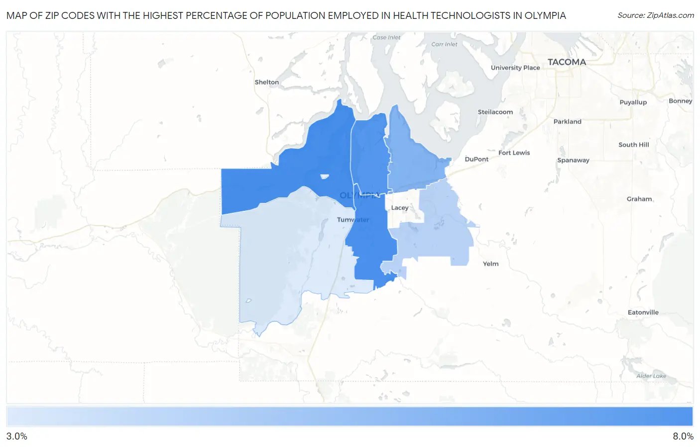Zip Codes with the Highest Percentage of Population Employed in Health Technologists in Olympia Map