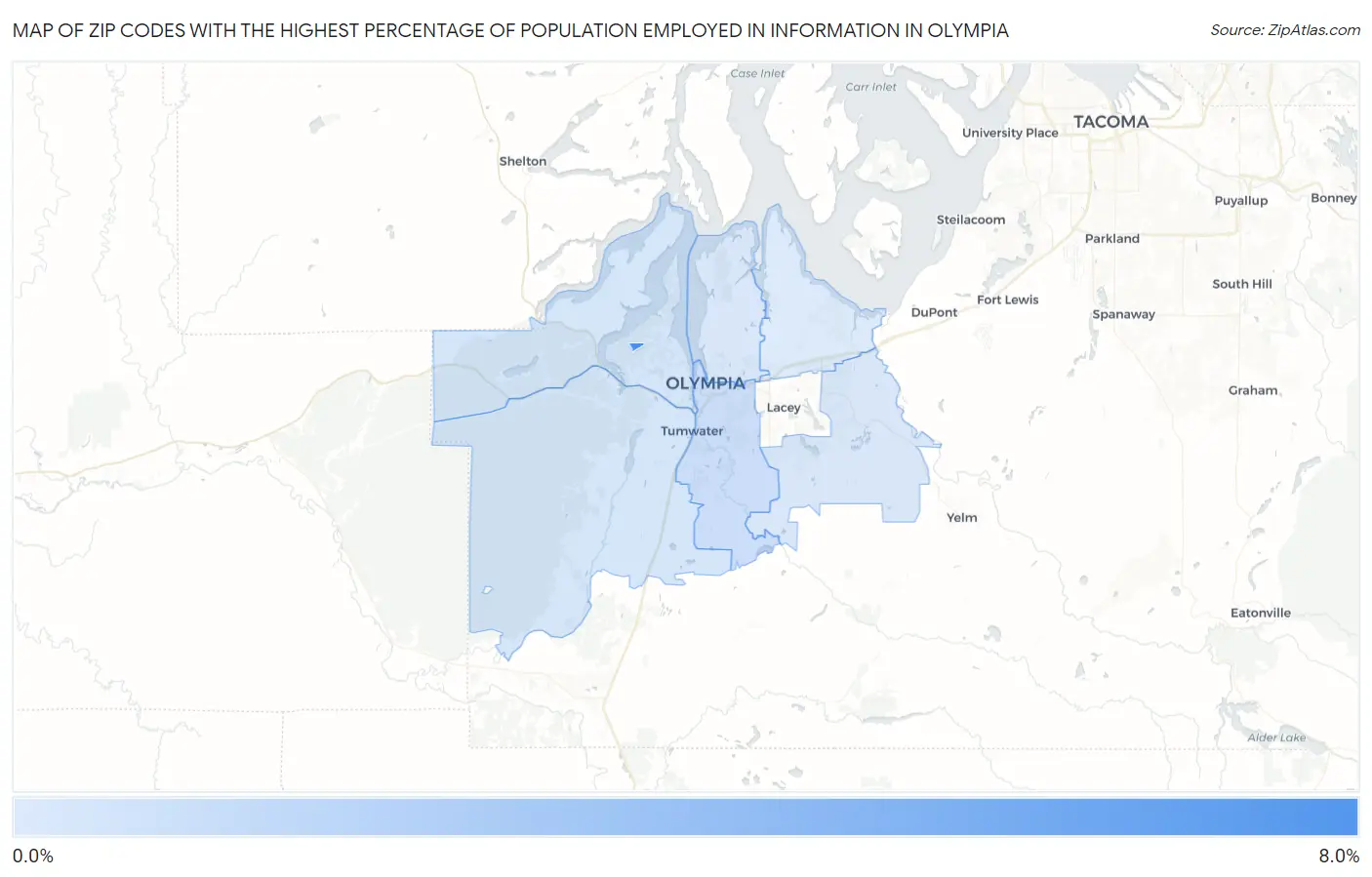 Zip Codes with the Highest Percentage of Population Employed in Information in Olympia Map