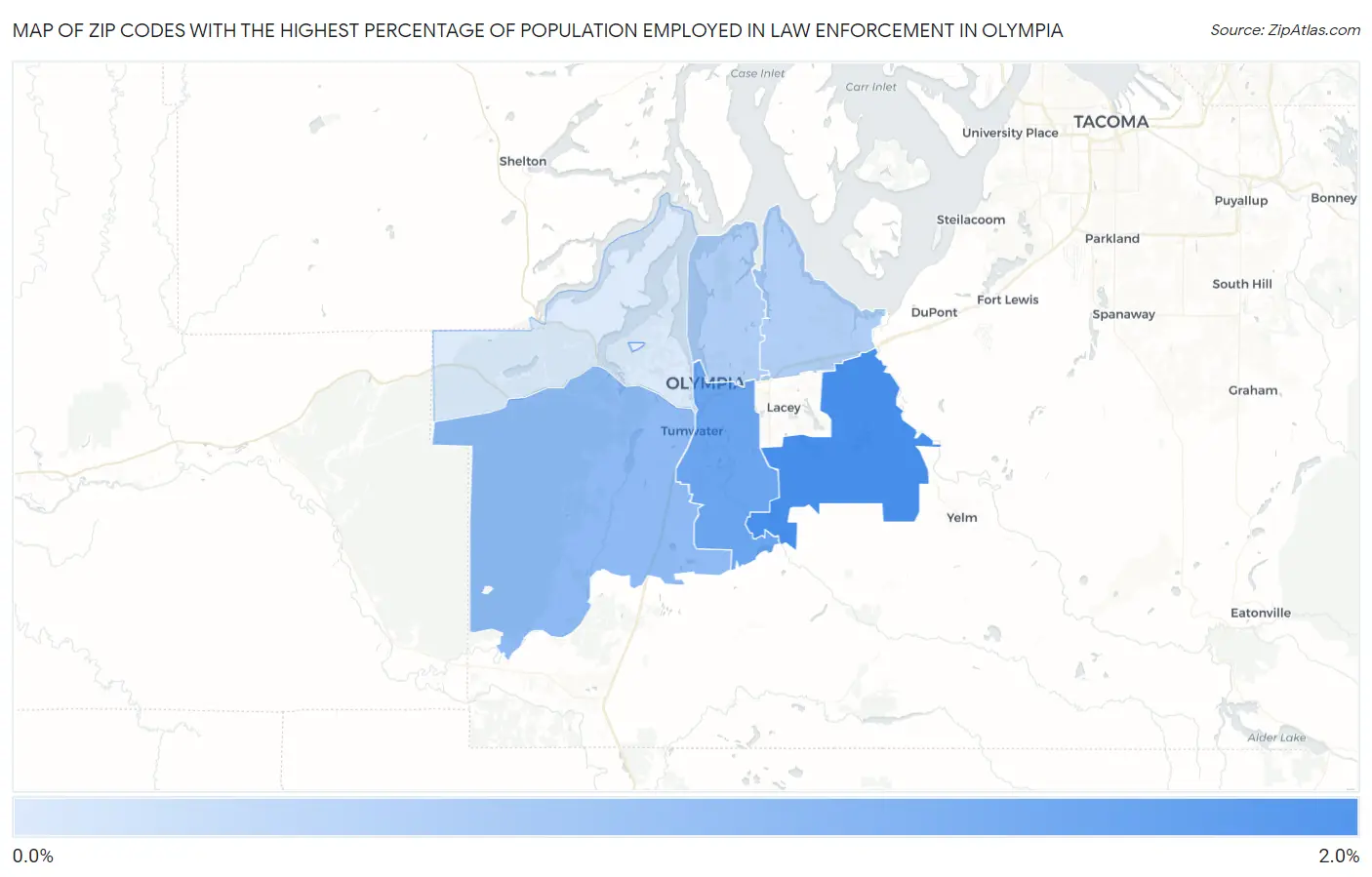 Zip Codes with the Highest Percentage of Population Employed in Law Enforcement in Olympia Map