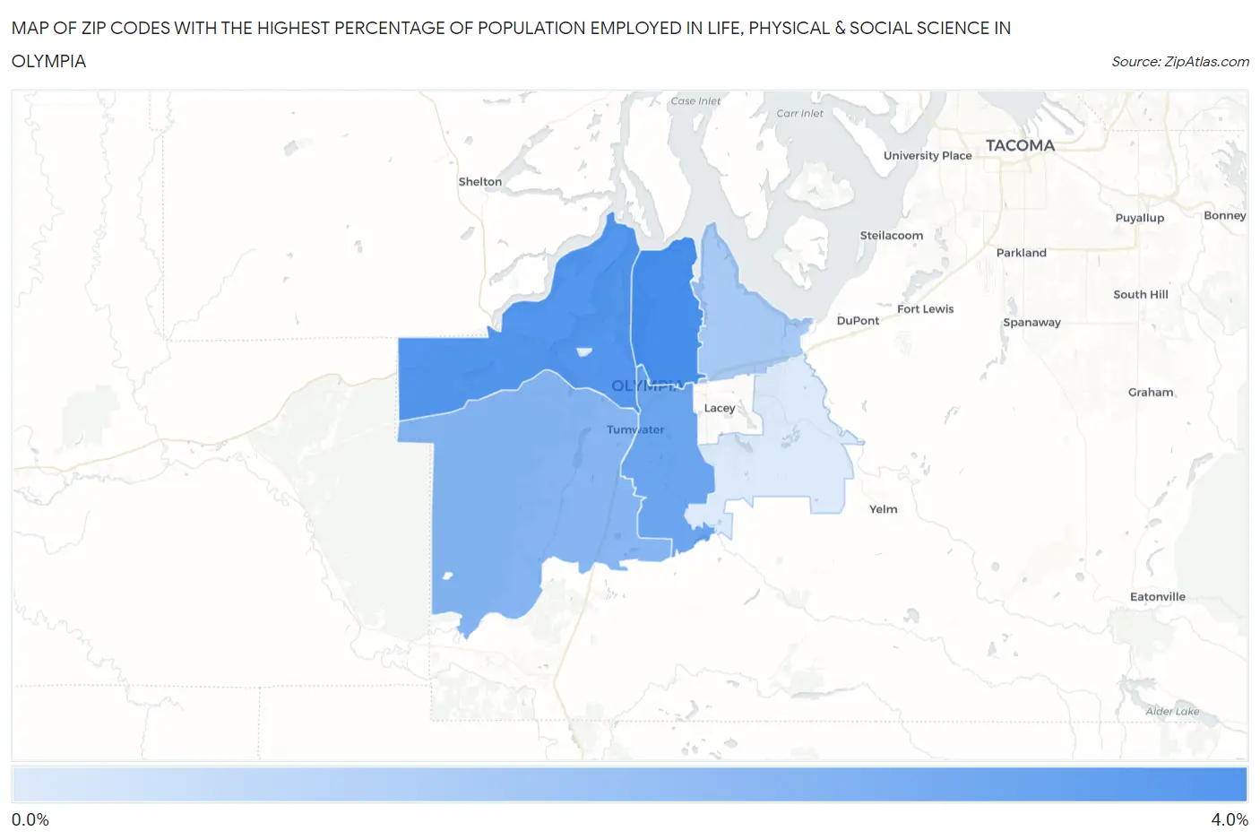 Zip Codes with the Highest Percentage of Population Employed in Life, Physical & Social Science in Olympia Map