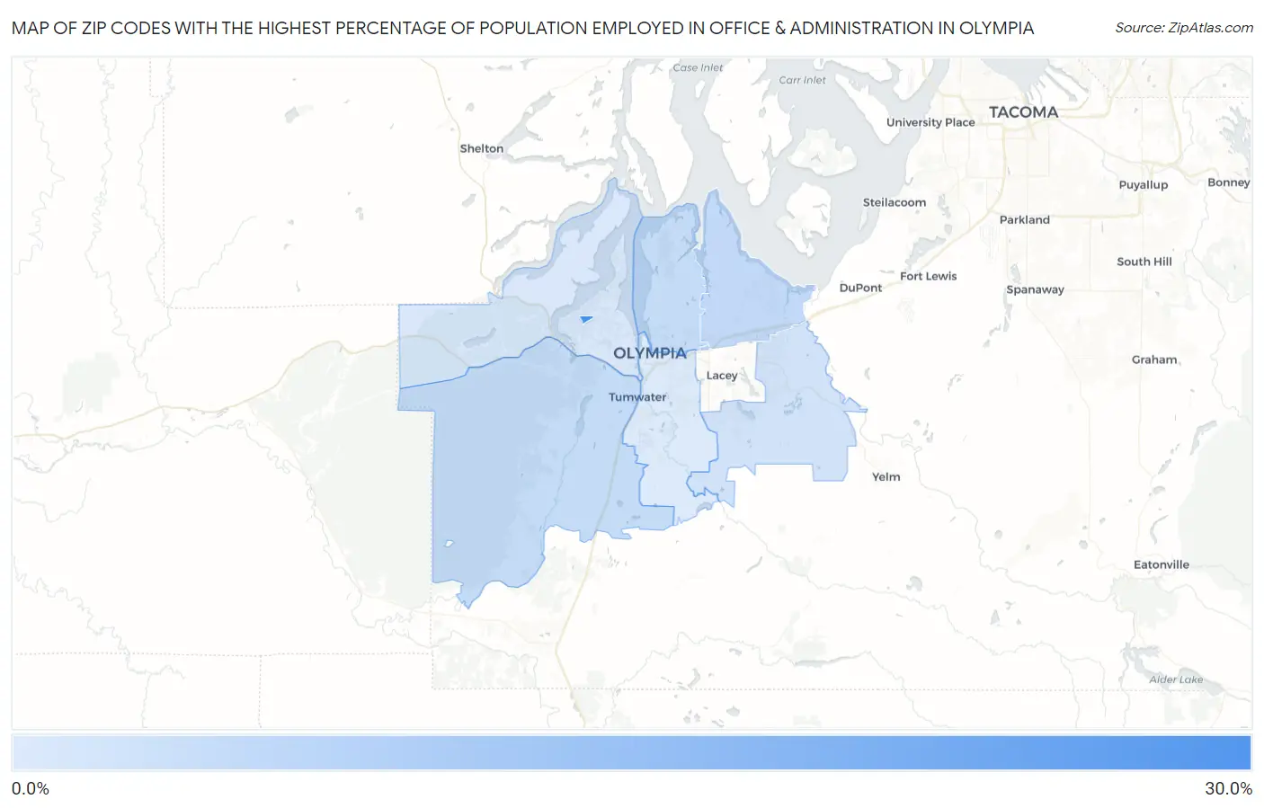 Zip Codes with the Highest Percentage of Population Employed in Office & Administration in Olympia Map