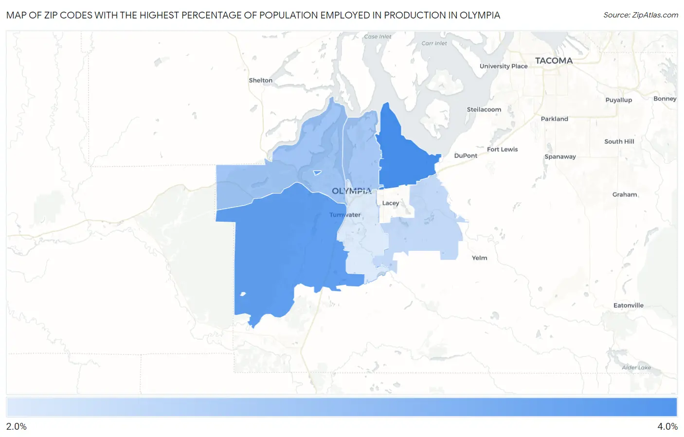 Zip Codes with the Highest Percentage of Population Employed in Production in Olympia Map