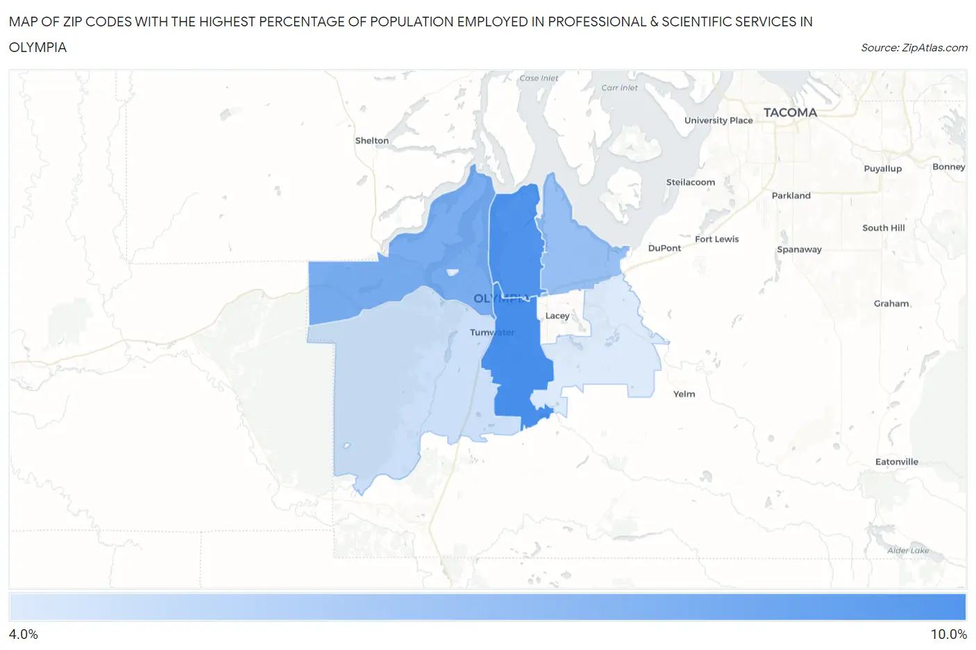 Zip Codes with the Highest Percentage of Population Employed in Professional & Scientific Services in Olympia Map