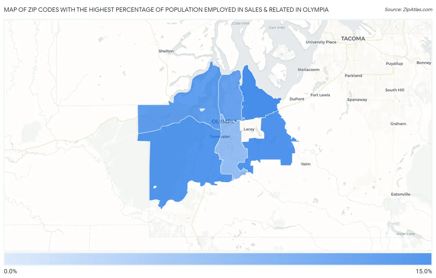 Zip Codes with the Highest Percentage of Population Employed in Sales & Related in Olympia Map