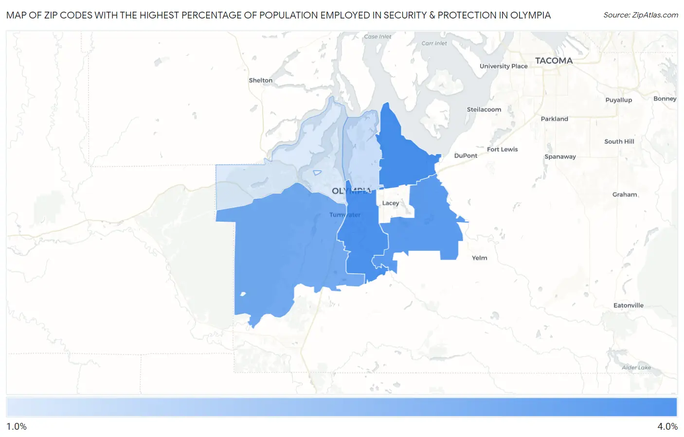 Zip Codes with the Highest Percentage of Population Employed in Security & Protection in Olympia Map