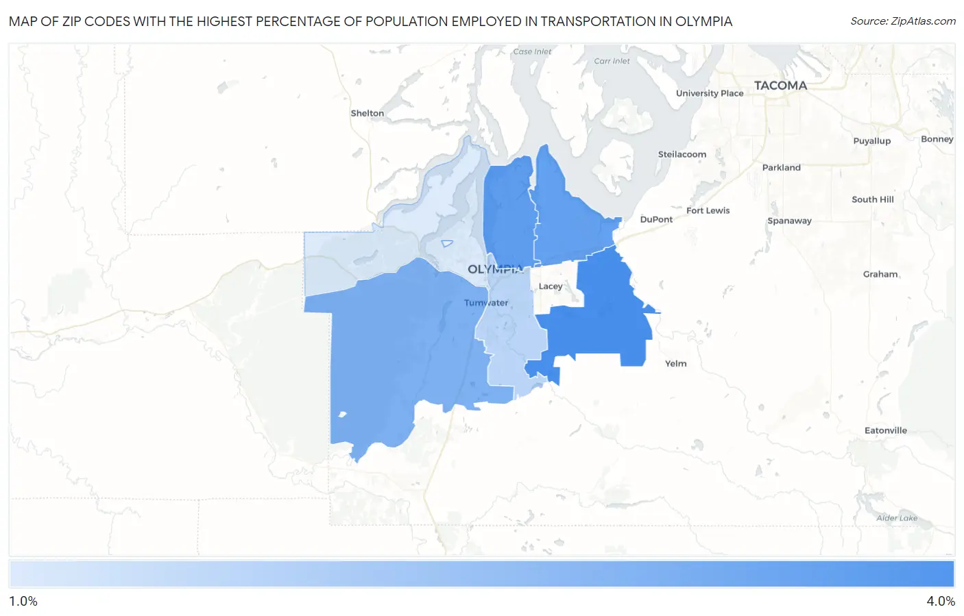 Zip Codes with the Highest Percentage of Population Employed in Transportation in Olympia Map