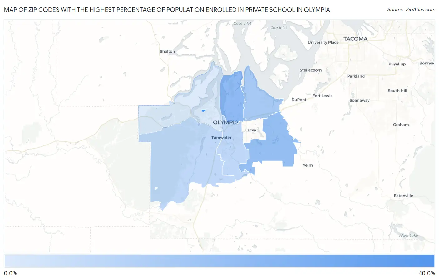 Zip Codes with the Highest Percentage of Population Enrolled in Private School in Olympia Map