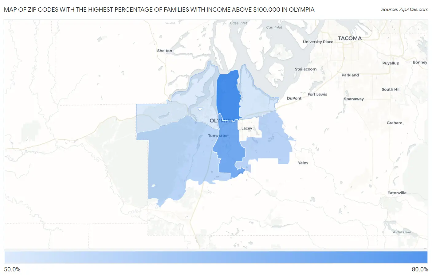 Zip Codes with the Highest Percentage of Families with Income Above $100,000 in Olympia Map