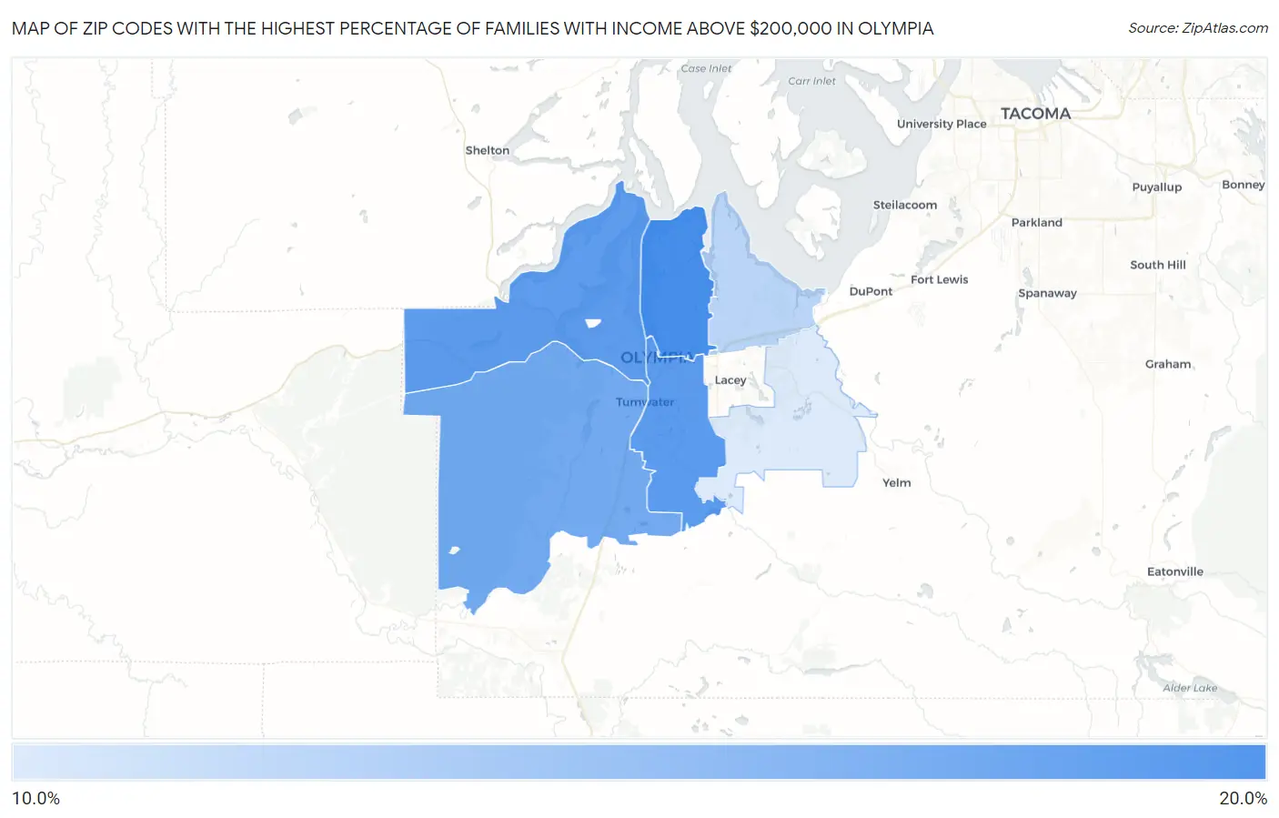 Zip Codes with the Highest Percentage of Families with Income Above $200,000 in Olympia Map