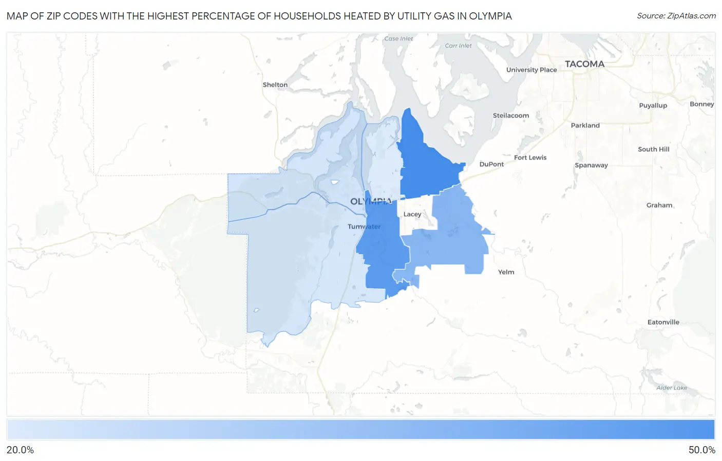 Zip Codes with the Highest Percentage of Households Heated by Utility Gas in Olympia Map