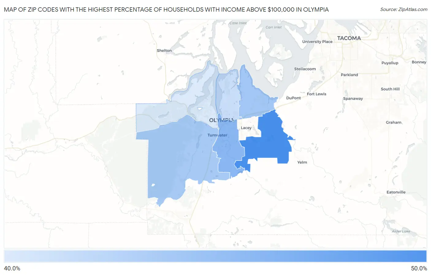 Zip Codes with the Highest Percentage of Households with Income Above $100,000 in Olympia Map