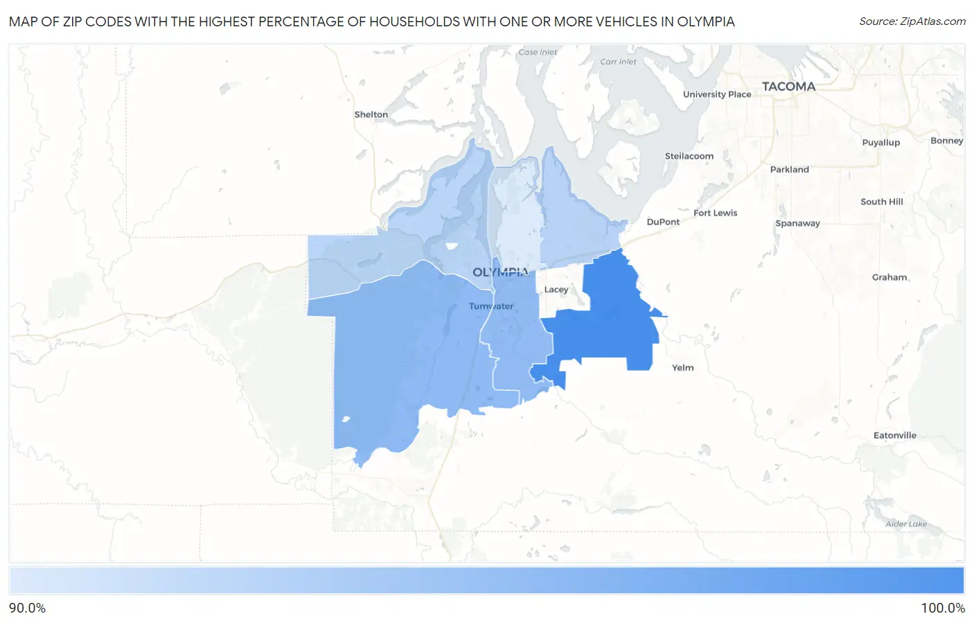 Zip Codes with the Highest Percentage of Households With One or more Vehicles in Olympia Map