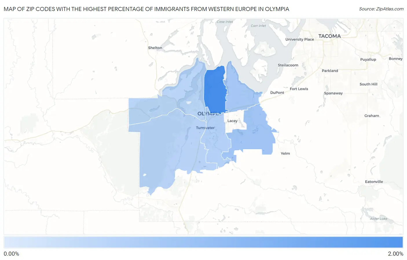 Zip Codes with the Highest Percentage of Immigrants from Western Europe in Olympia Map