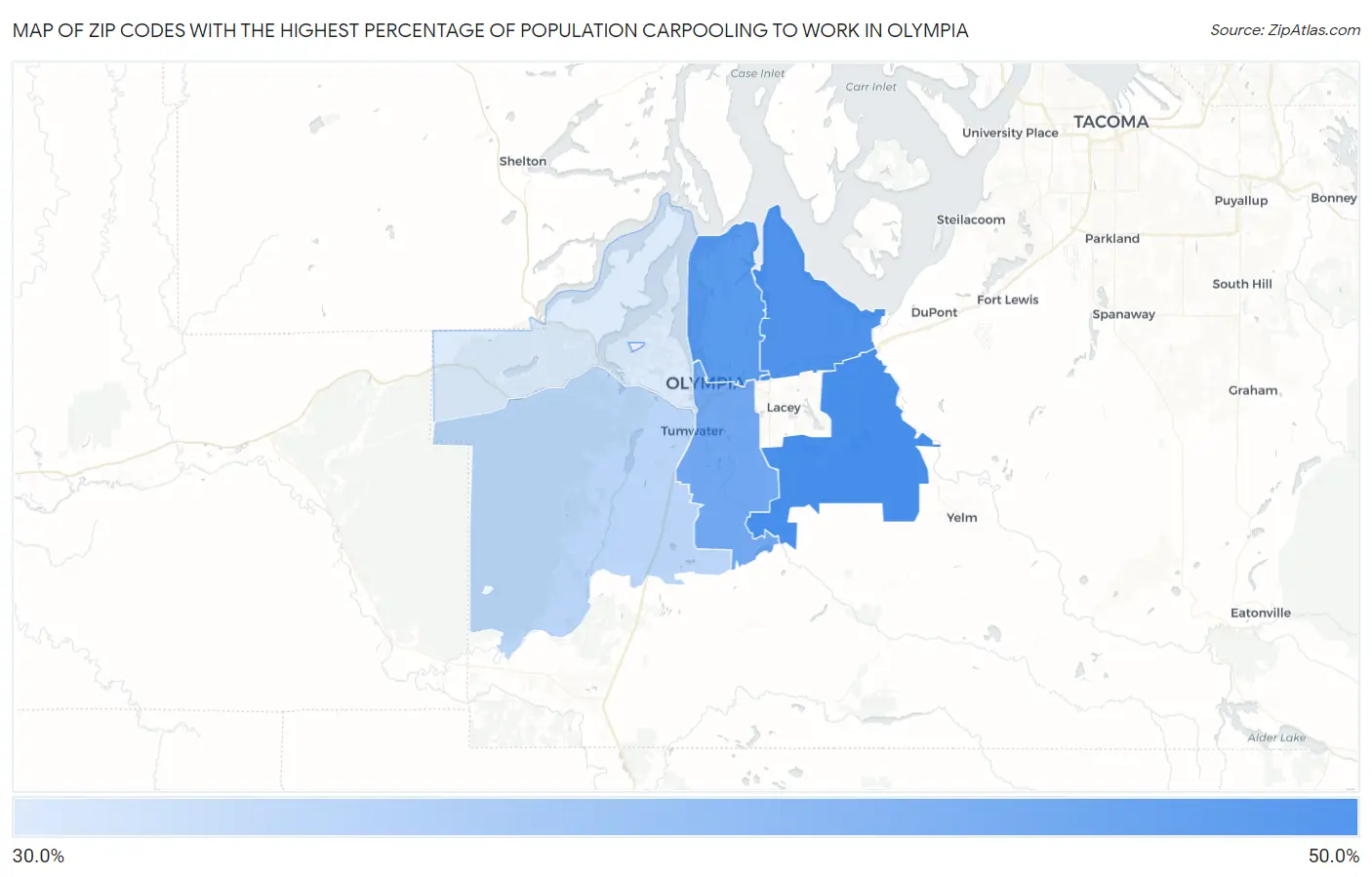 Zip Codes with the Highest Percentage of Population Carpooling to Work in Olympia Map