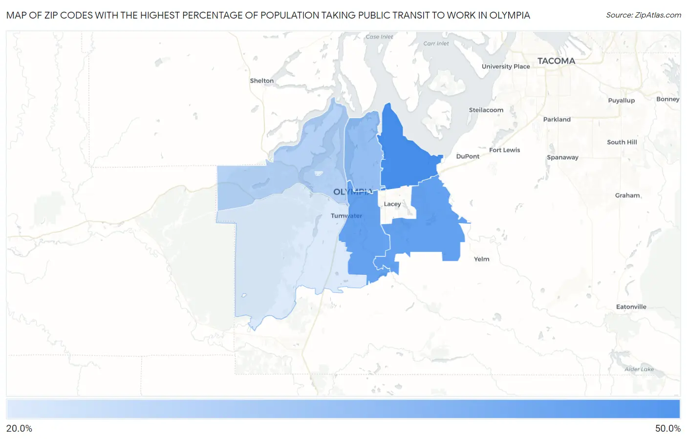 Zip Codes with the Highest Percentage of Population Taking Public Transit to Work in Olympia Map