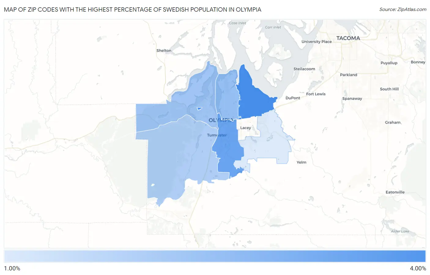 Zip Codes with the Highest Percentage of Swedish Population in Olympia Map