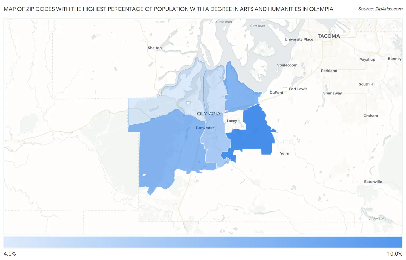 Zip Codes with the Highest Percentage of Population with a Degree in Arts and Humanities in Olympia Map