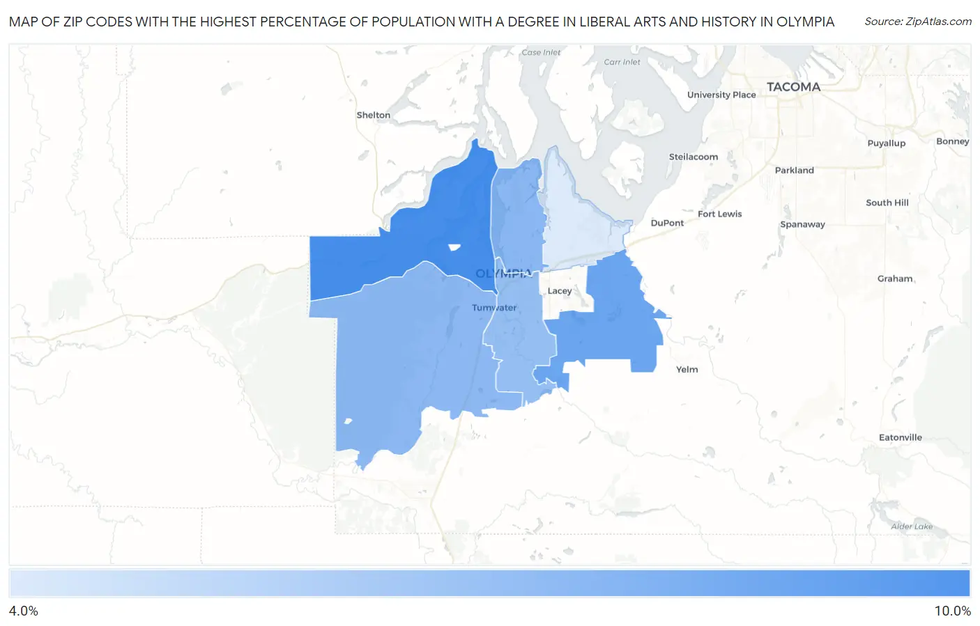 Zip Codes with the Highest Percentage of Population with a Degree in Liberal Arts and History in Olympia Map