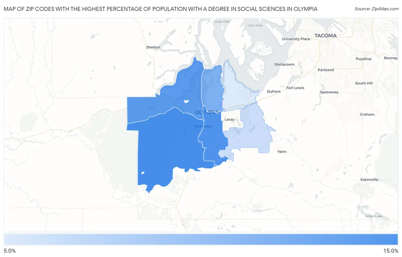 Zip Codes with the Highest Percentage of Population with a Degree in Social Sciences in Olympia Map