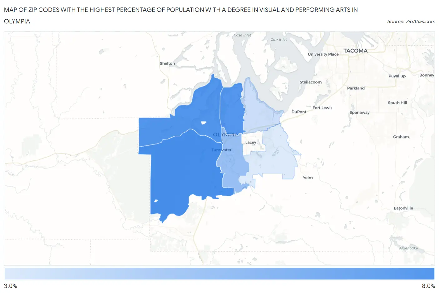 Zip Codes with the Highest Percentage of Population with a Degree in Visual and Performing Arts in Olympia Map