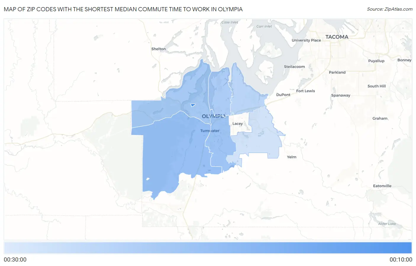 Zip Codes with the Shortest Median Commute Time to Work in Olympia Map