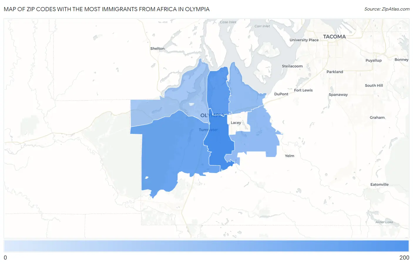 Zip Codes with the Most Immigrants from Africa in Olympia Map