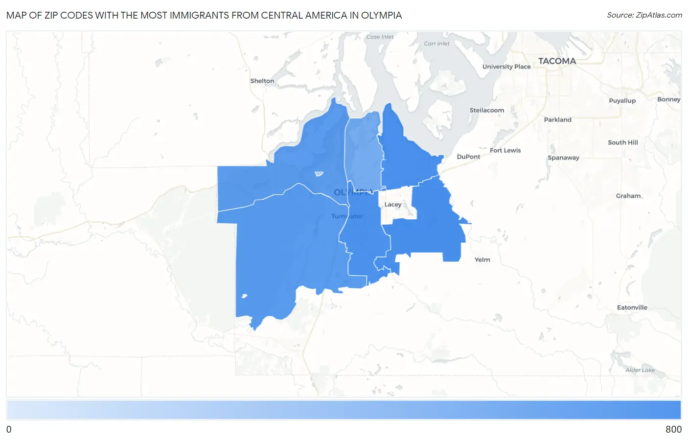 Zip Codes with the Most Immigrants from Central America in Olympia Map
