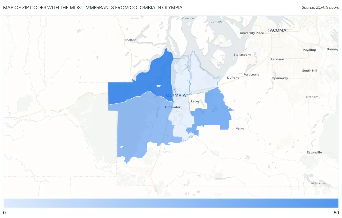 Zip Codes with the Most Immigrants from Colombia in Olympia Map