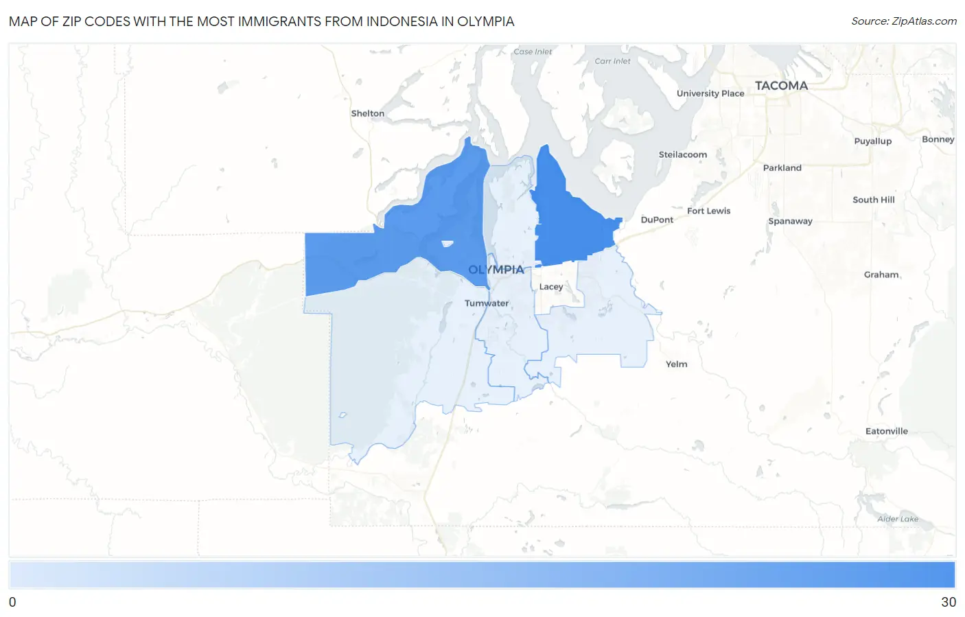 Zip Codes with the Most Immigrants from Indonesia in Olympia Map