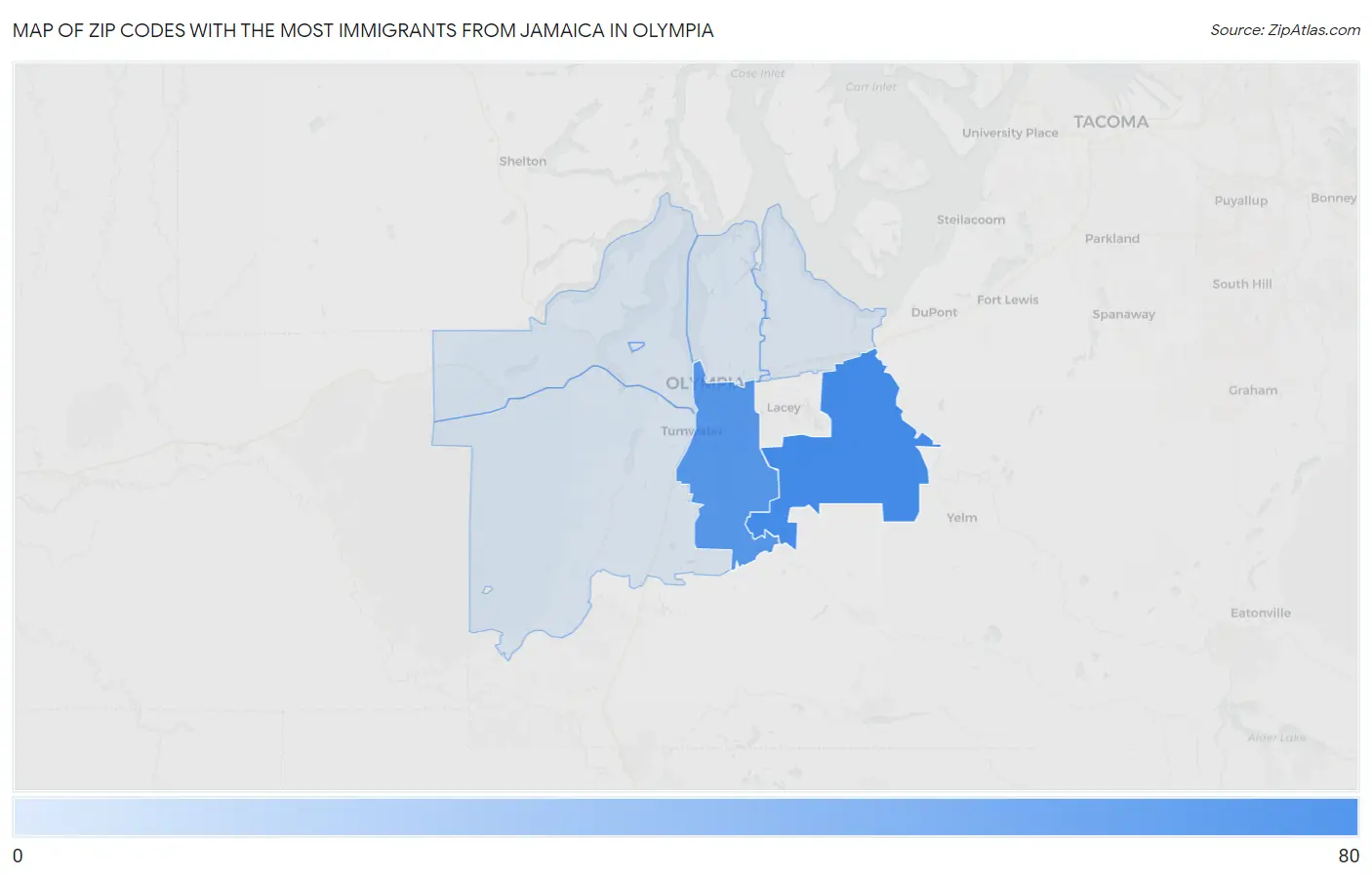 Zip Codes with the Most Immigrants from Jamaica in Olympia Map