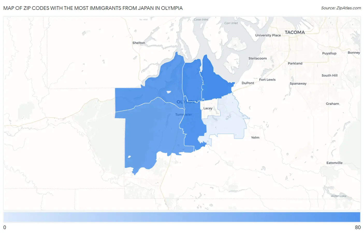 Zip Codes with the Most Immigrants from Japan in Olympia Map