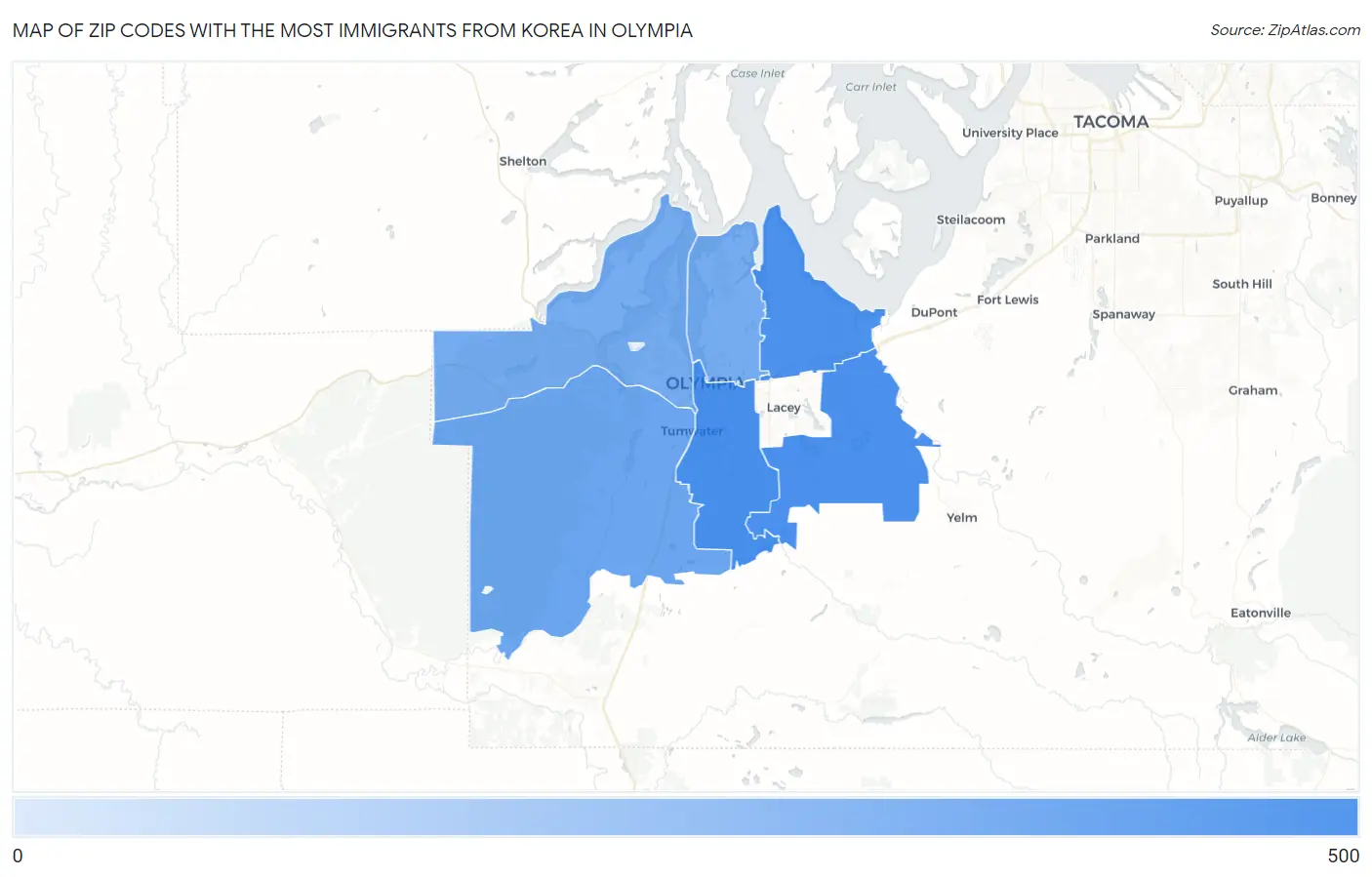 Zip Codes with the Most Immigrants from Korea in Olympia Map