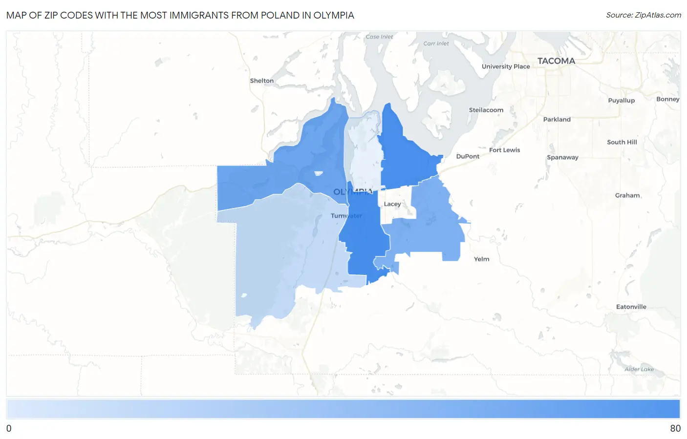 Zip Codes with the Most Immigrants from Poland in Olympia Map