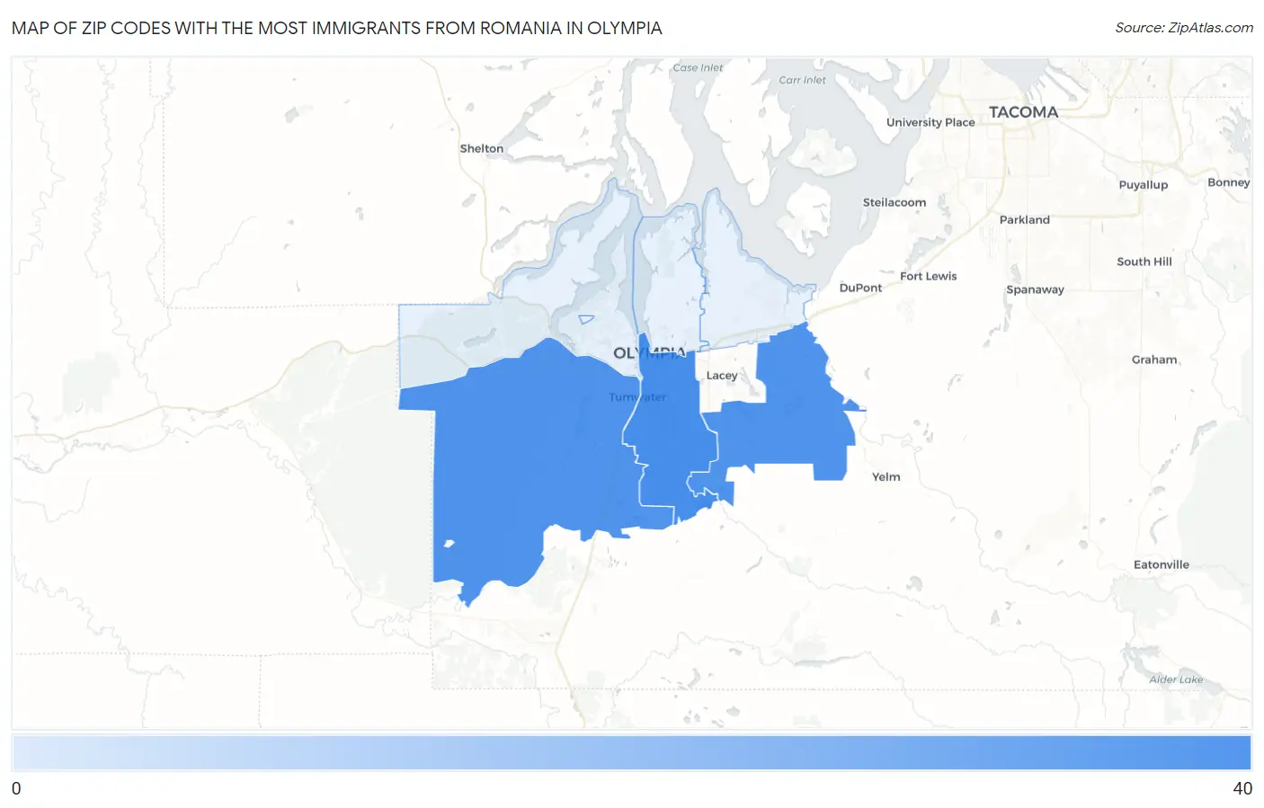 Zip Codes with the Most Immigrants from Romania in Olympia Map