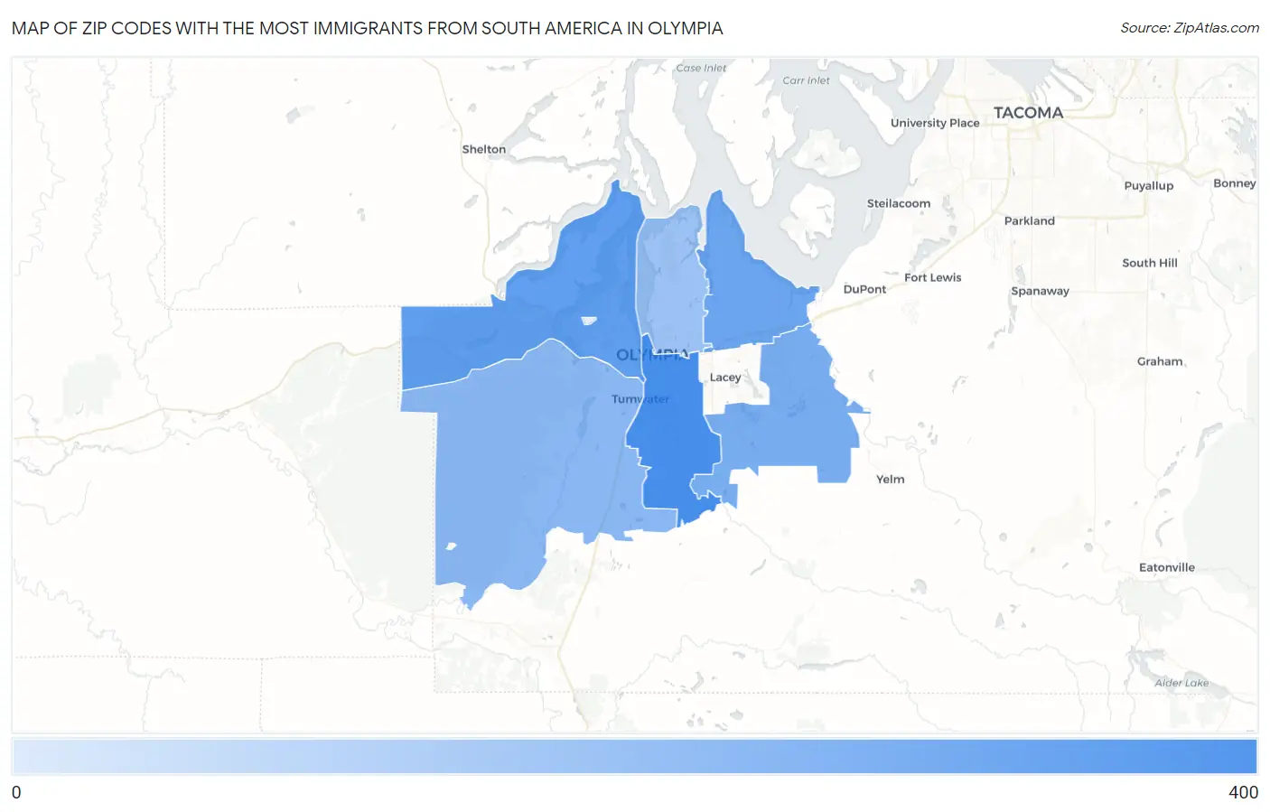 Zip Codes with the Most Immigrants from South America in Olympia Map