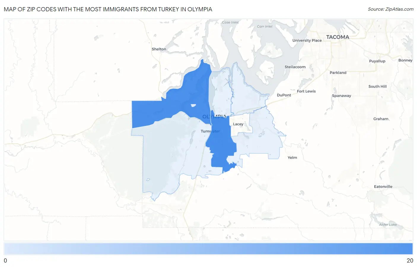 Zip Codes with the Most Immigrants from Turkey in Olympia Map