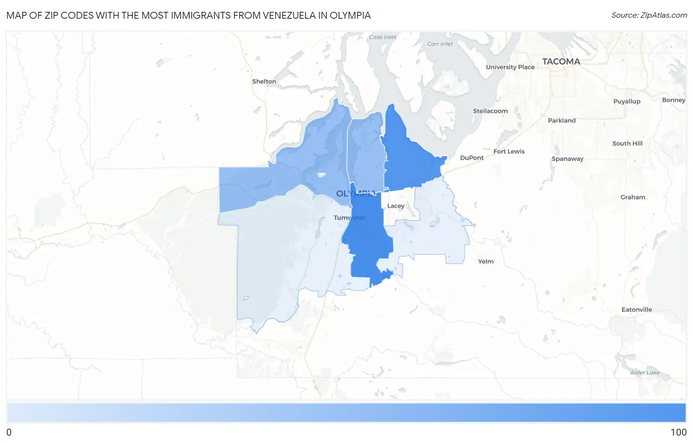Zip Codes with the Most Immigrants from Venezuela in Olympia Map