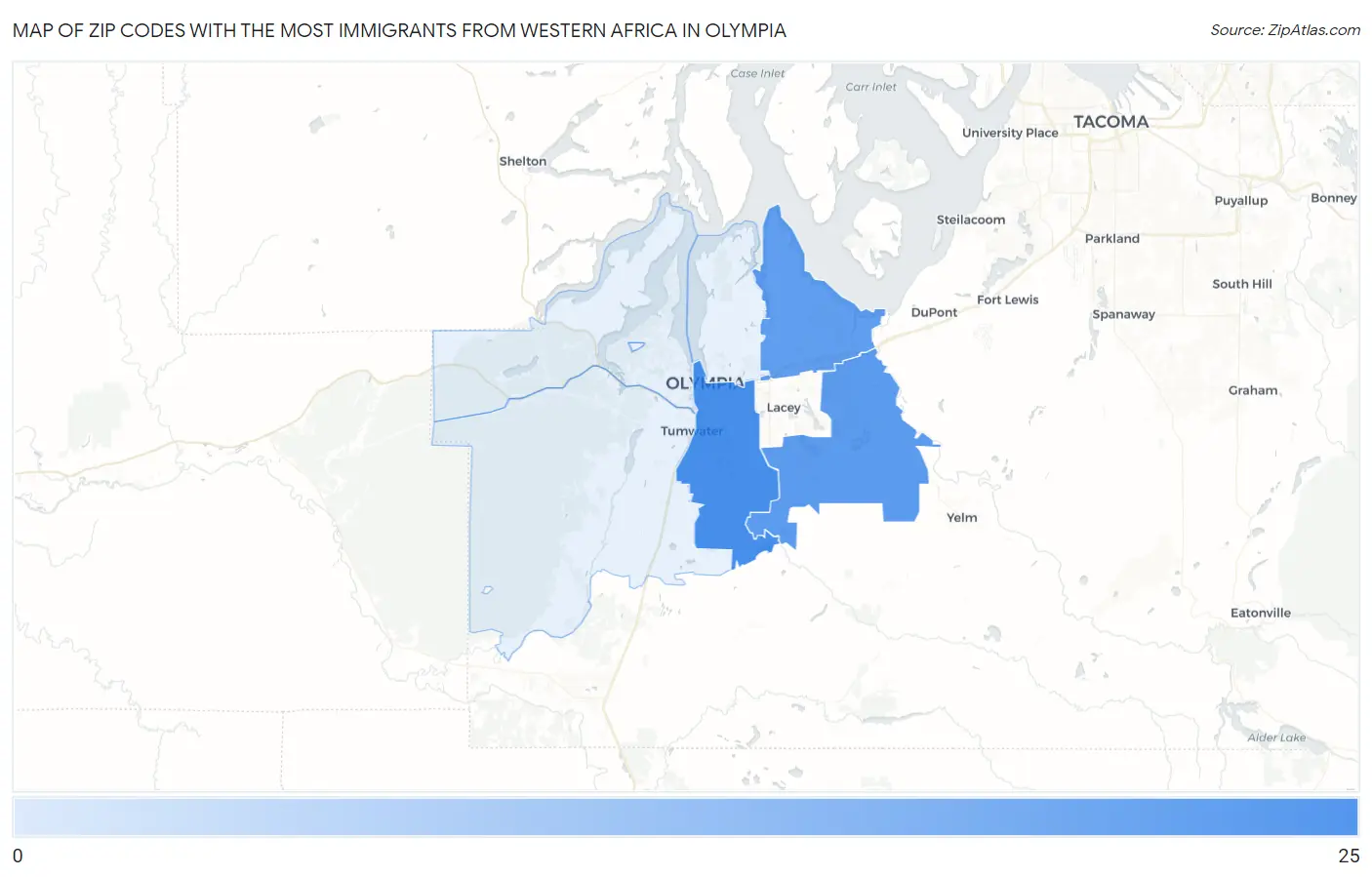 Zip Codes with the Most Immigrants from Western Africa in Olympia Map