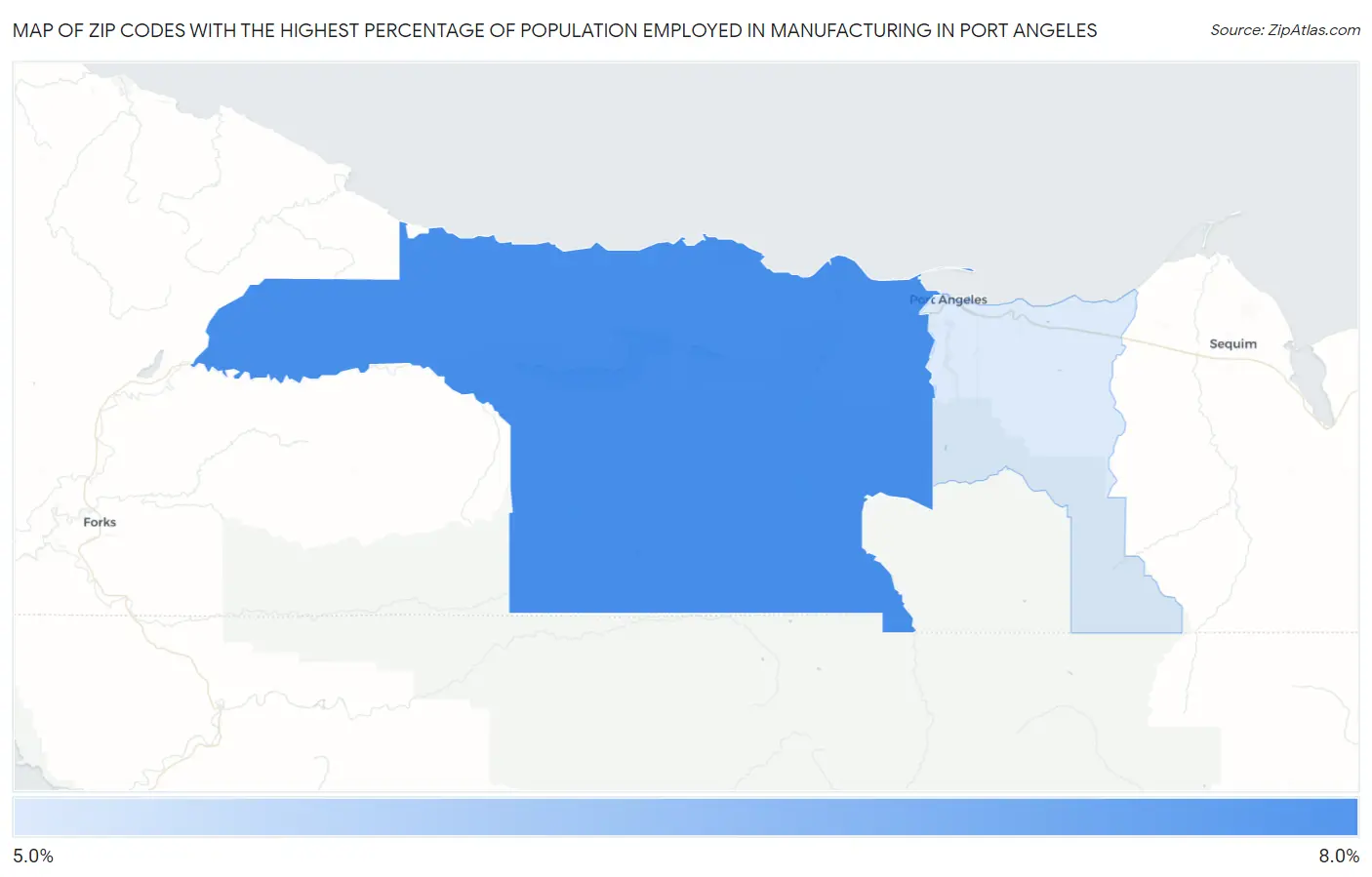 Zip Codes with the Highest Percentage of Population Employed in Manufacturing in Port Angeles Map